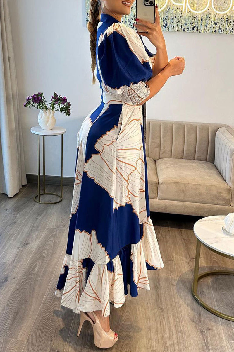 Casual Print Ammetrical Turndown Collar Long Dress Dresses