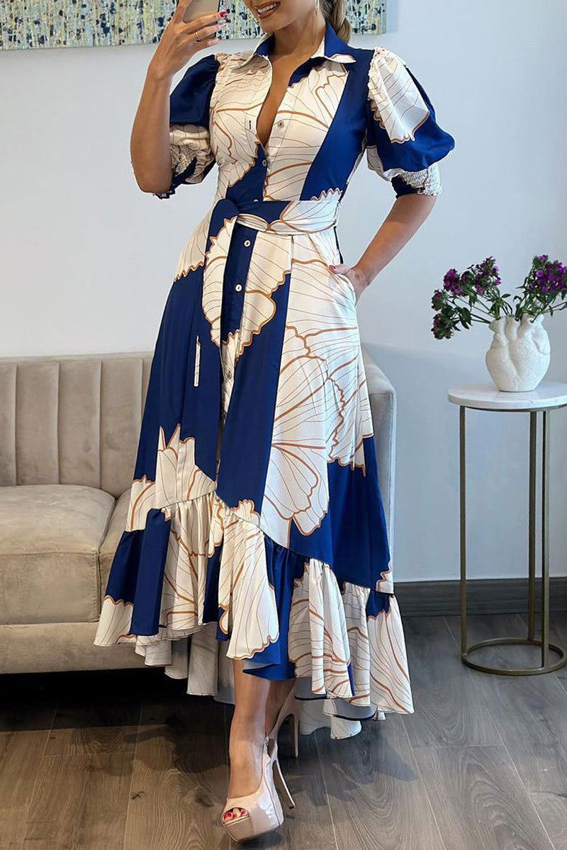 Casual Print Ammetrical Turndown Collar Long Dress Dresses