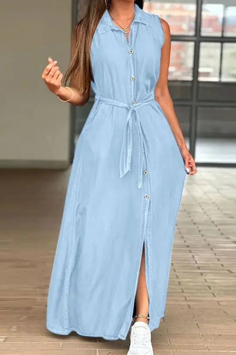 Casual Vintage Solid Buckle Turndown Collar Sleeveless Loose Denim Dresses