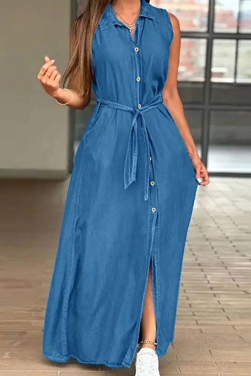 Casual Vintage Solid Buckle Turndown Collar Sleeveless Loose Denim Dresses