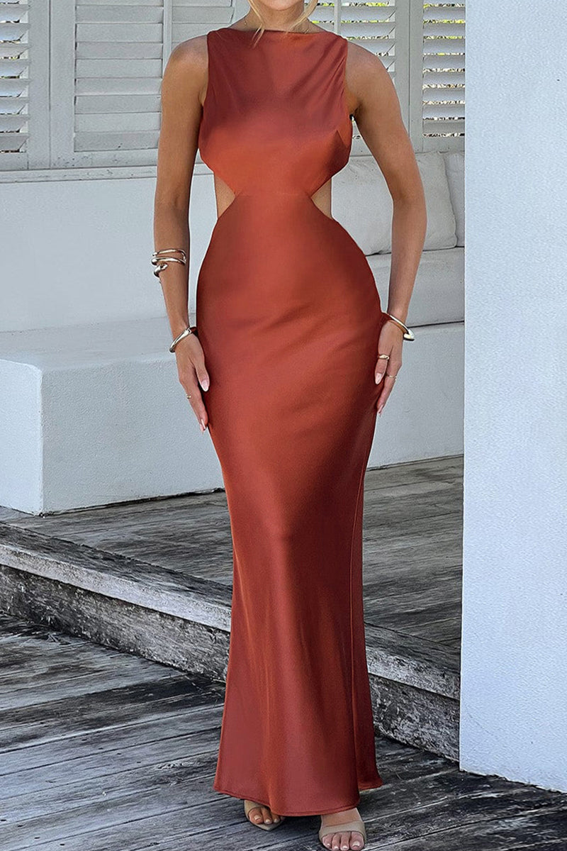 Sexy Celebrities Solid Backless O Neck Wrapped Skirt Dresses