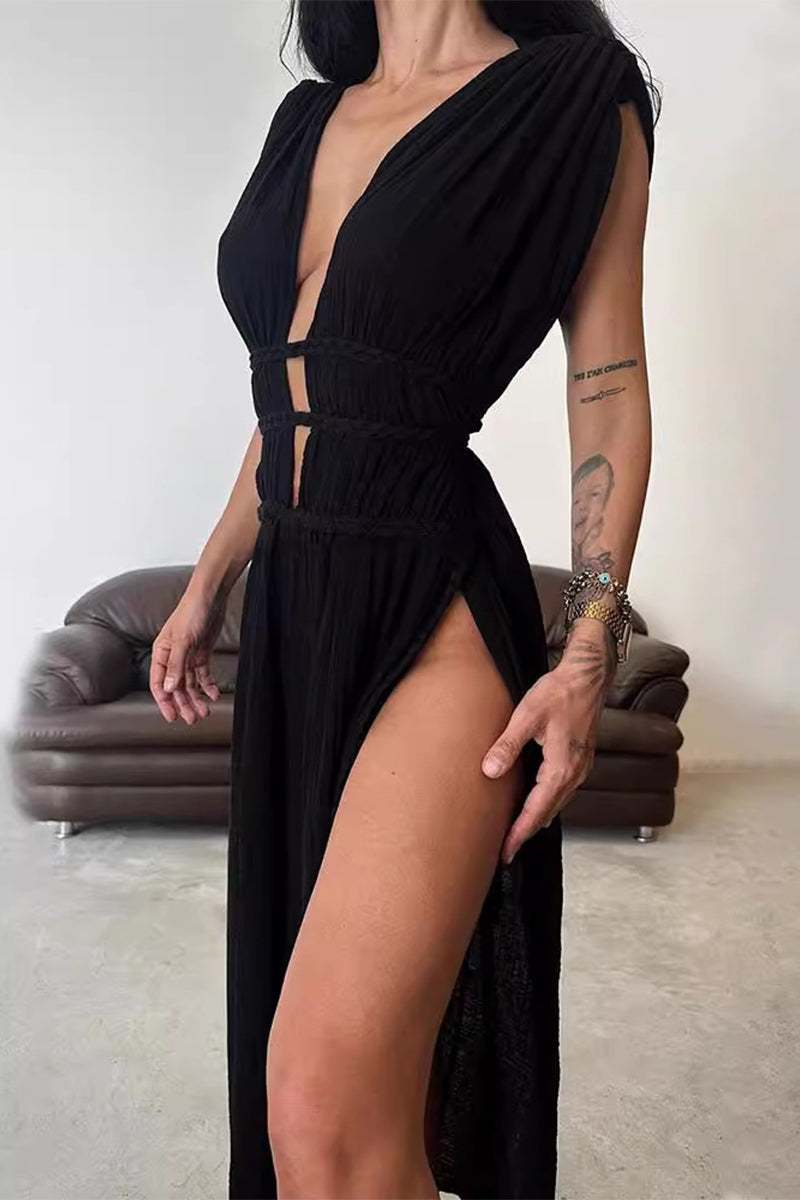 Sexy Bohemian Solid Slit V Neck Beach Dresses