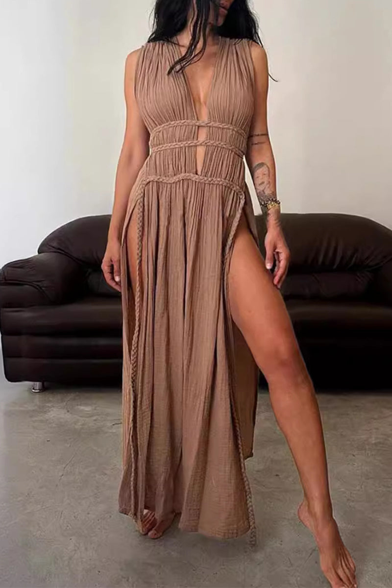 Sexy Bohemian Solid Slit V Neck Beach Dresses