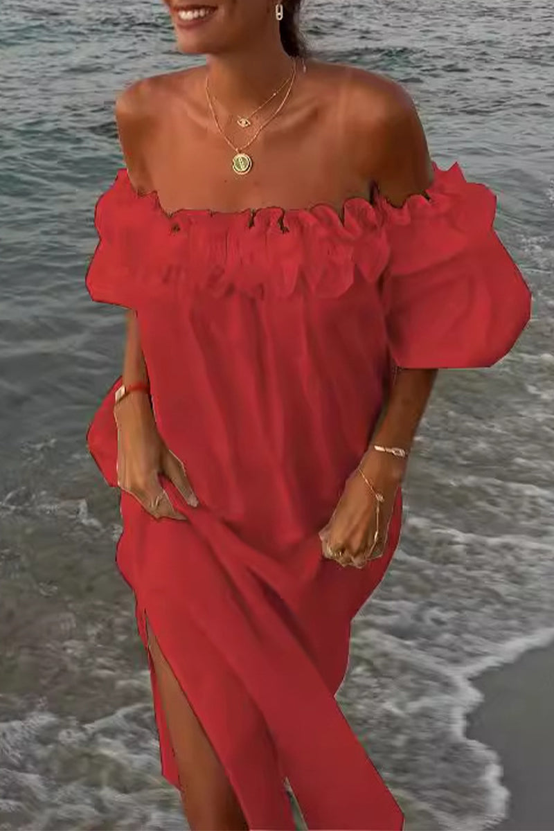 Sexy Solid Slit Fold Off the Shoulder Beach Dresses