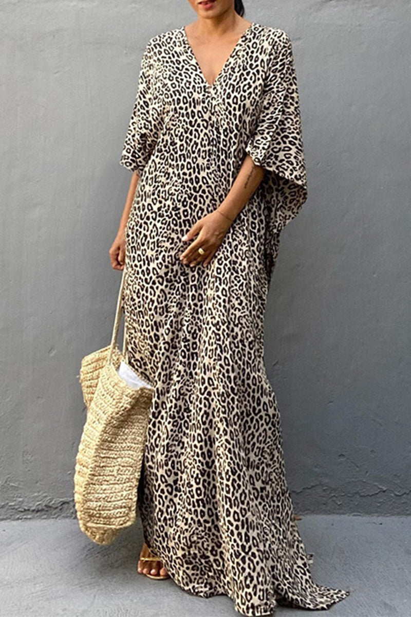 Vintage Vacation Print Leopard Slit Swimwears Cover Up