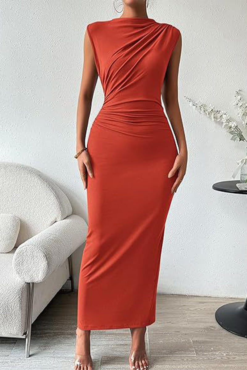 Sexy Simplicity Solid Fold O Neck One Step Skirt Dresses