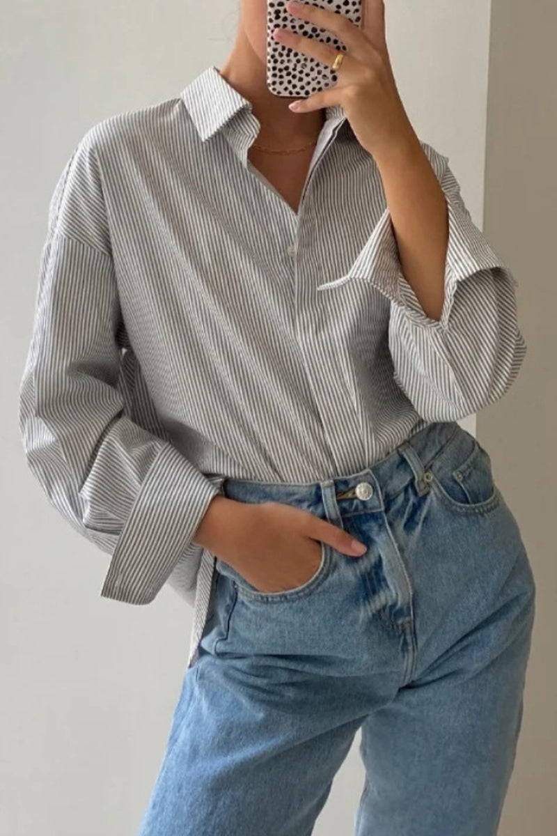 Casual Striped Patchwork Turndown Collar Tops