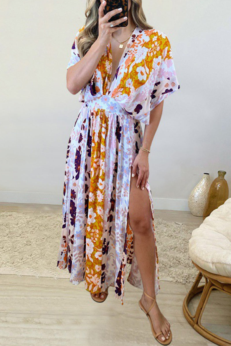 Bohemian Vacation Geometric Print Flounce V Neck Beach Dresses