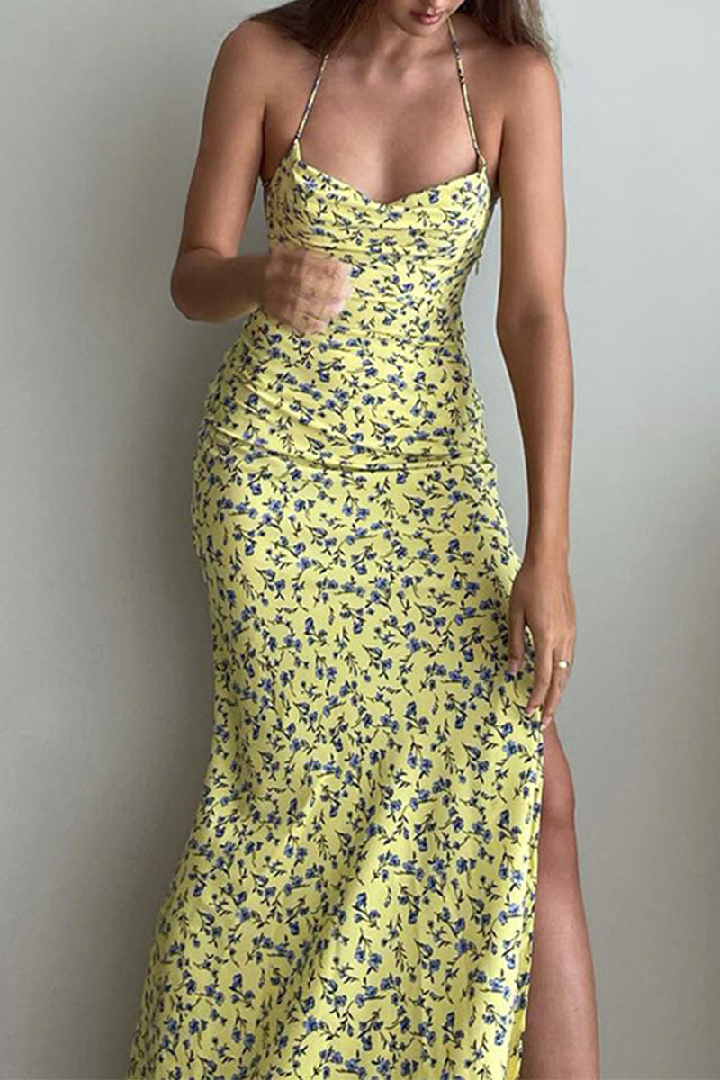 Sexy Floral Backless Slit Strap Design Halter Beach Dresses