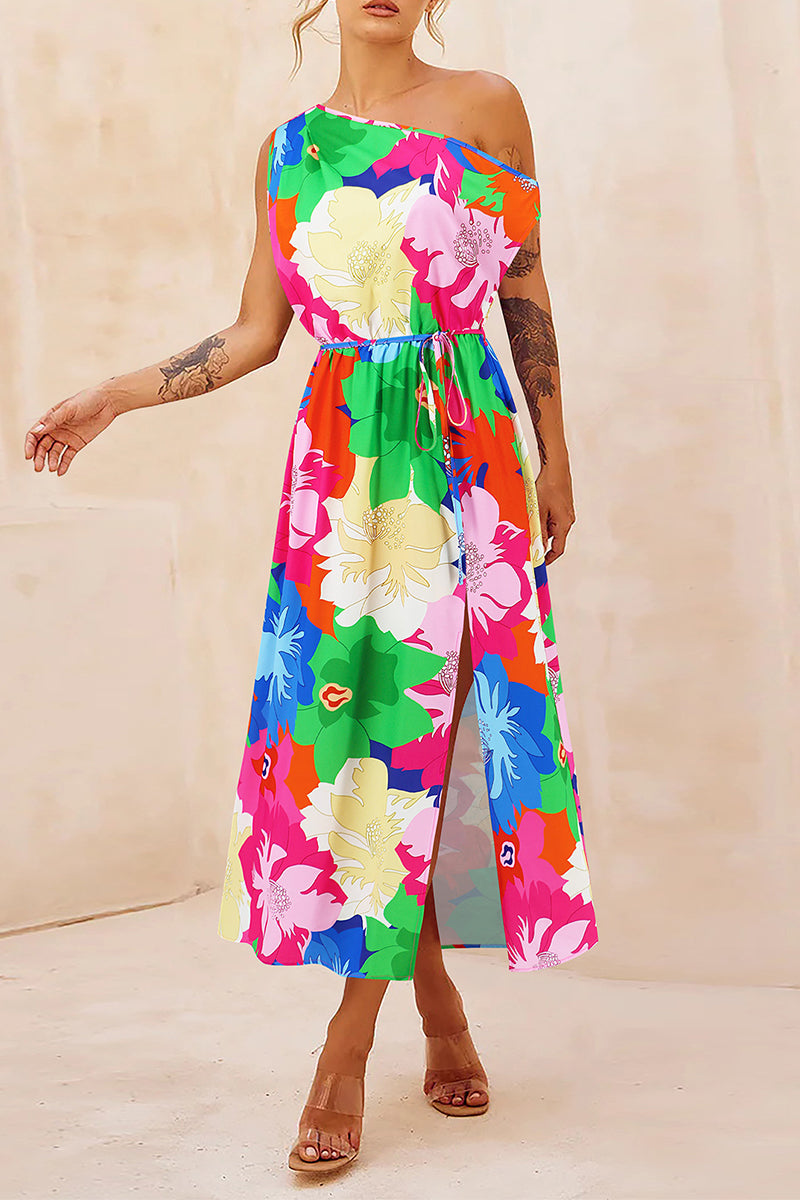 Elegant Floral Draw String Slit Oblique Collar Printed Dresses