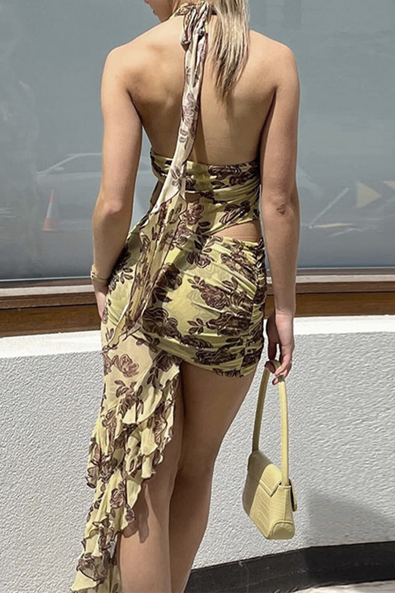 Sexy Floral Backless Asymmetrical Halter Irregular Dresses