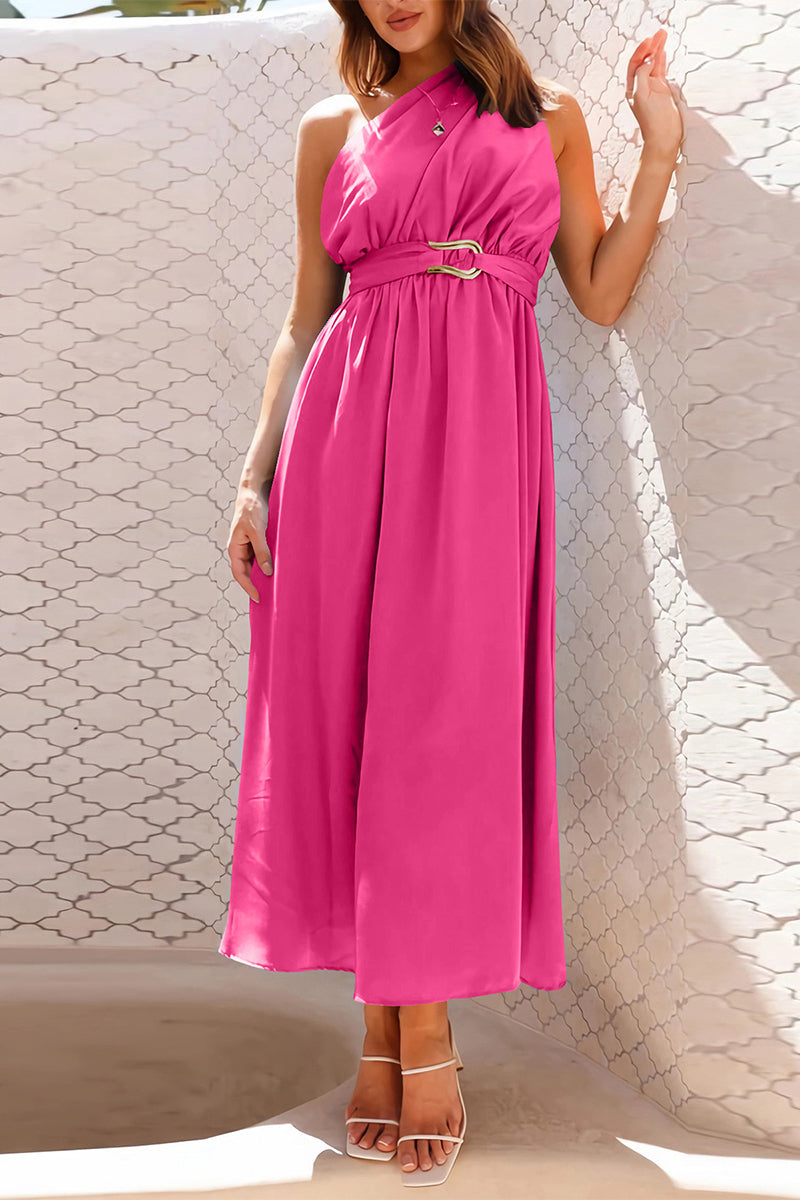 Elegant Formal Solid Metal Accessories Decoration Fold Oblique Collar Evening Dresses