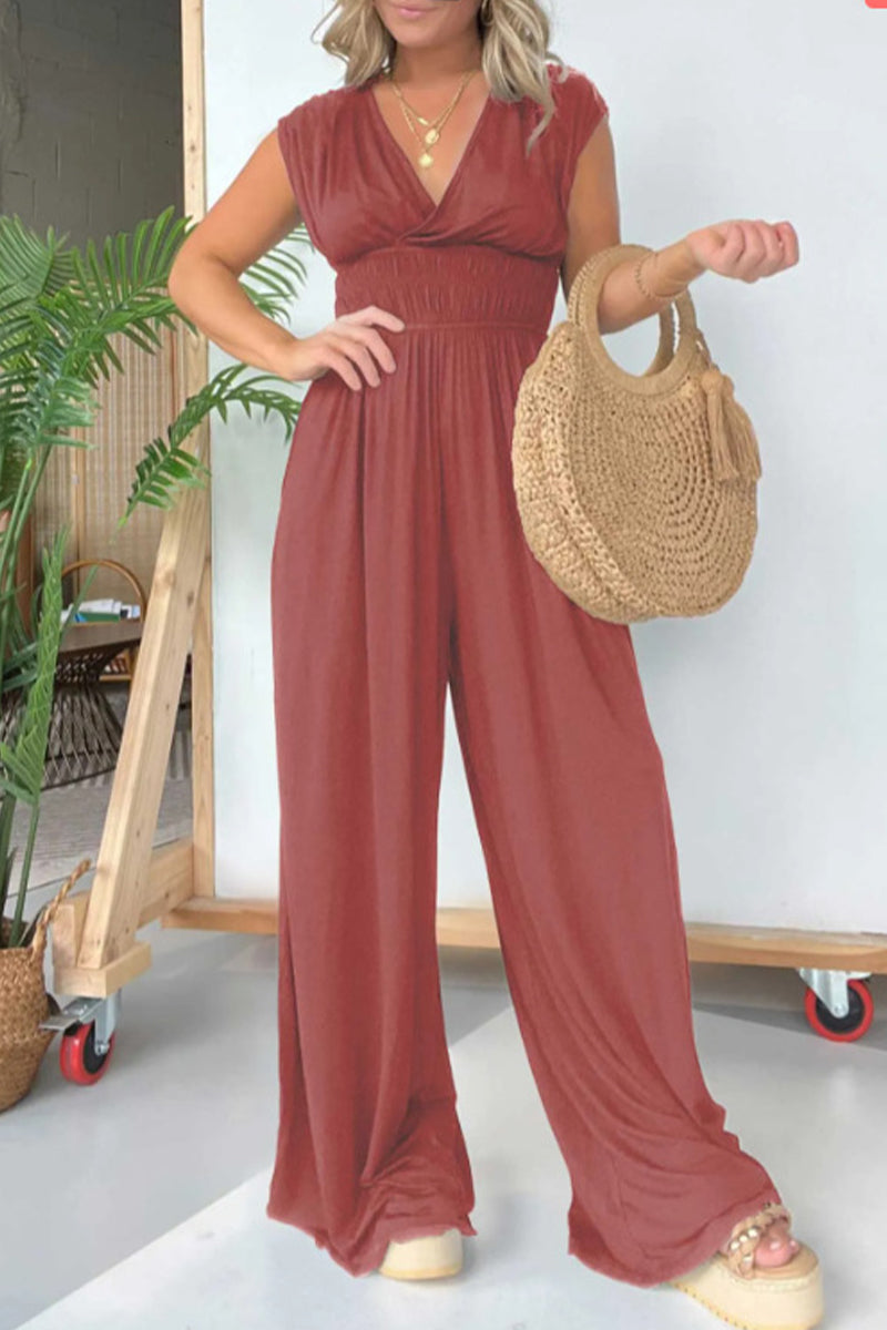 Casual Solid Fold V Neck Loose Jumpsuits