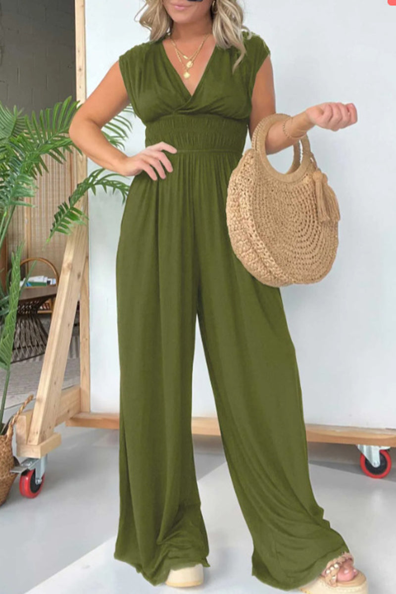 Casual Solid Fold V Neck Loose Jumpsuits