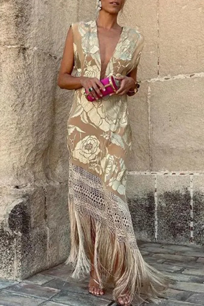 Sexy Bronzing Heart Shaped Tassel Ammetrical V Neck Dresses