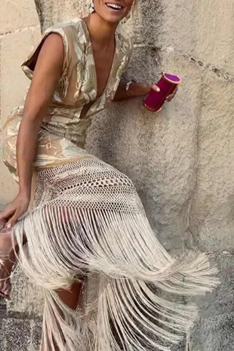 Sexy Bronzing Heart Shaped Tassel Ammetrical V Neck Dresses