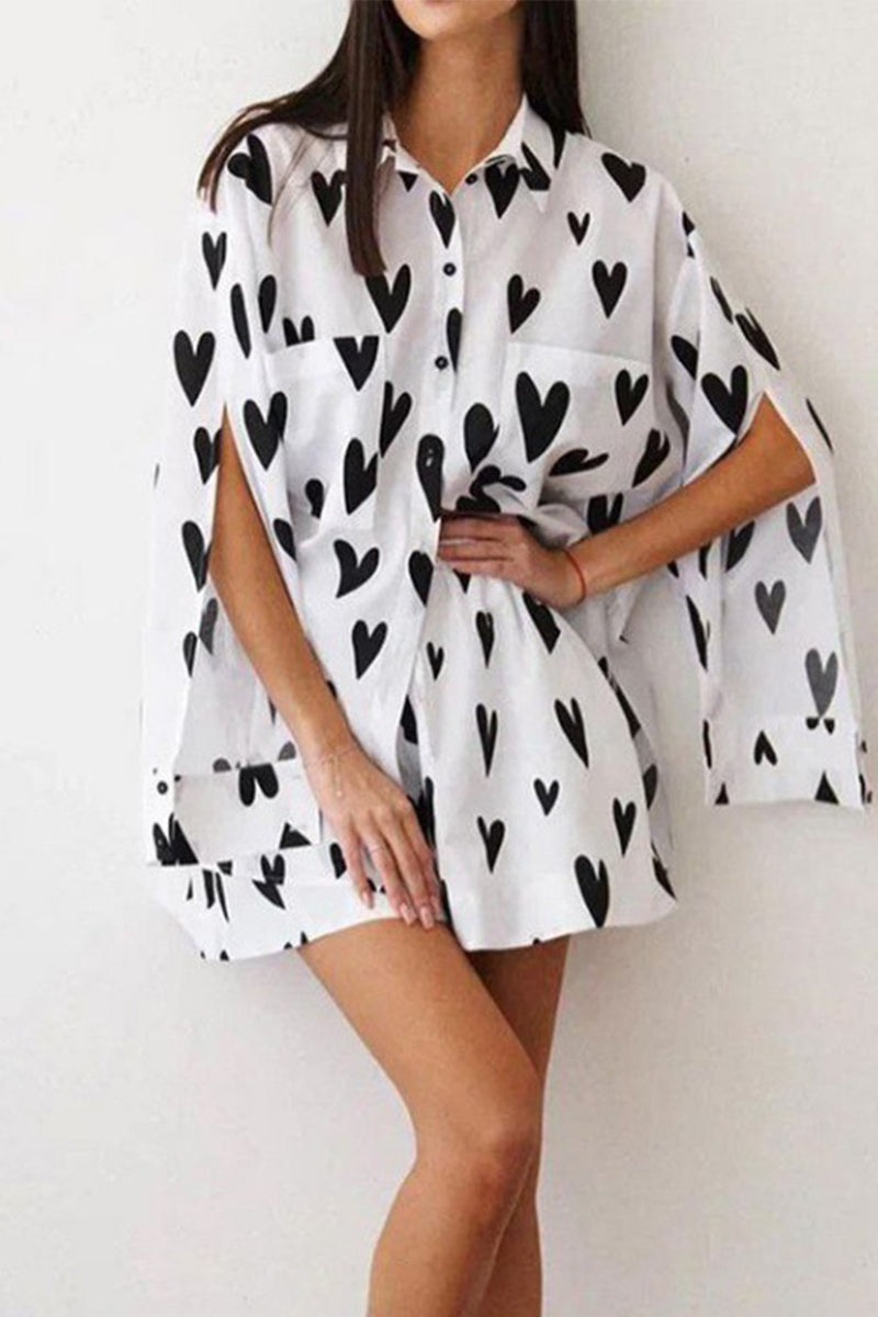 Casual Print Heart Shaped Pocket Turndown Collar Long Sleeve Two Pieces