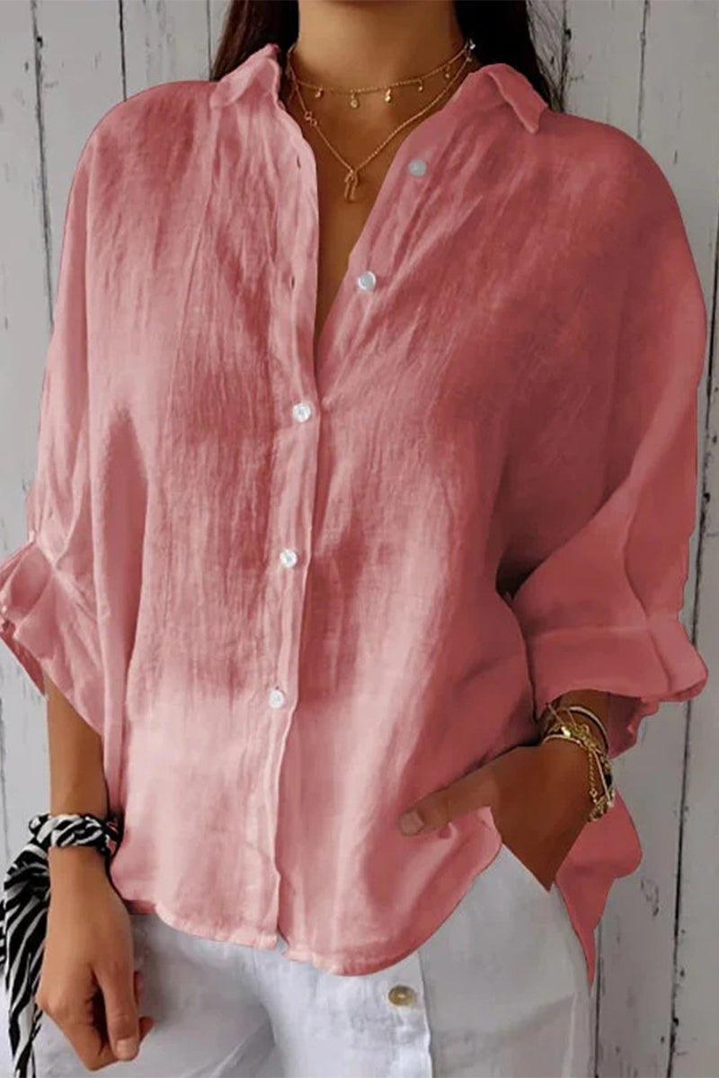 Elegant Solid Frenulum Buttons Slit Turndown Collar Tops