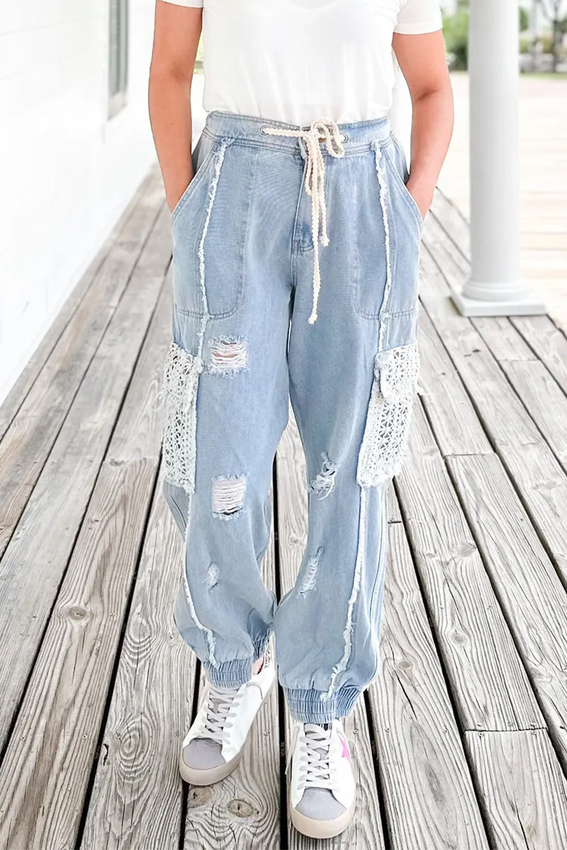 Casual Solid Lace Ripped Pocket High Waist Denim Jeans