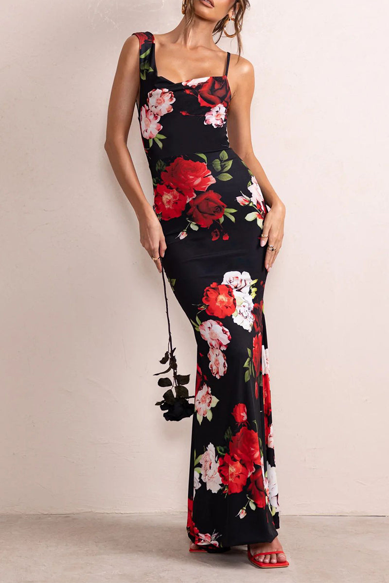 Sexy Vintage Floral Backless Ammetrical U Neck One Step Skirt Dresses