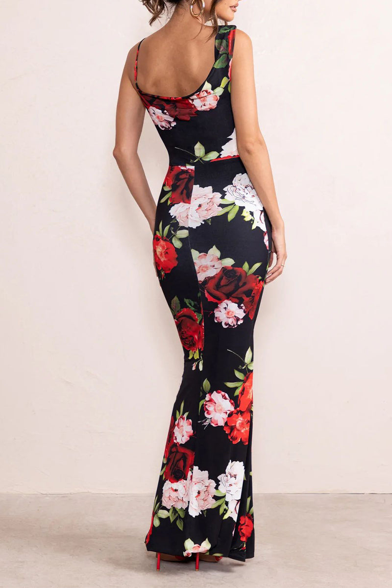 Sexy Vintage Floral Backless Ammetrical U Neck One Step Skirt Dresses