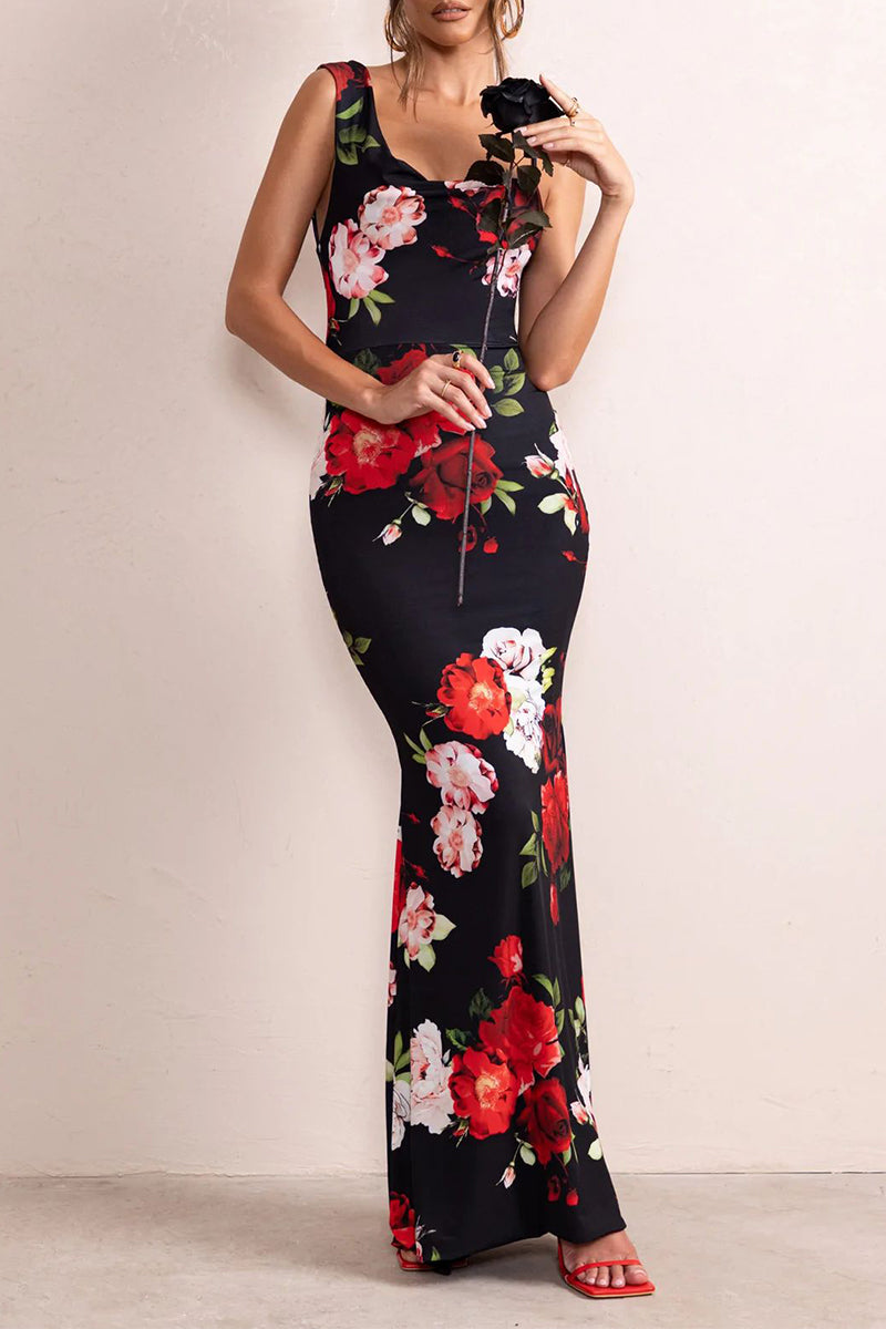 Sexy Vintage Floral Backless Ammetrical U Neck One Step Skirt Dresses