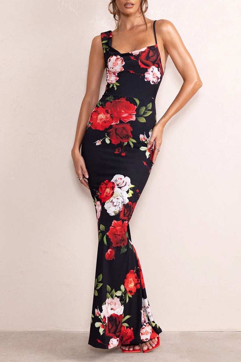 Sexy Vintage Floral Backless Ammetrical U Neck One Step Skirt Dresses