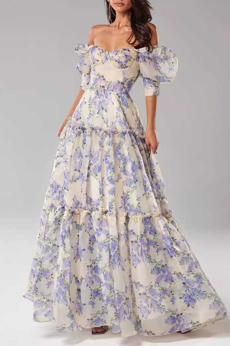 Celebrities Elegant Flowers Patchwork Off the Shoulder Evening Dresses