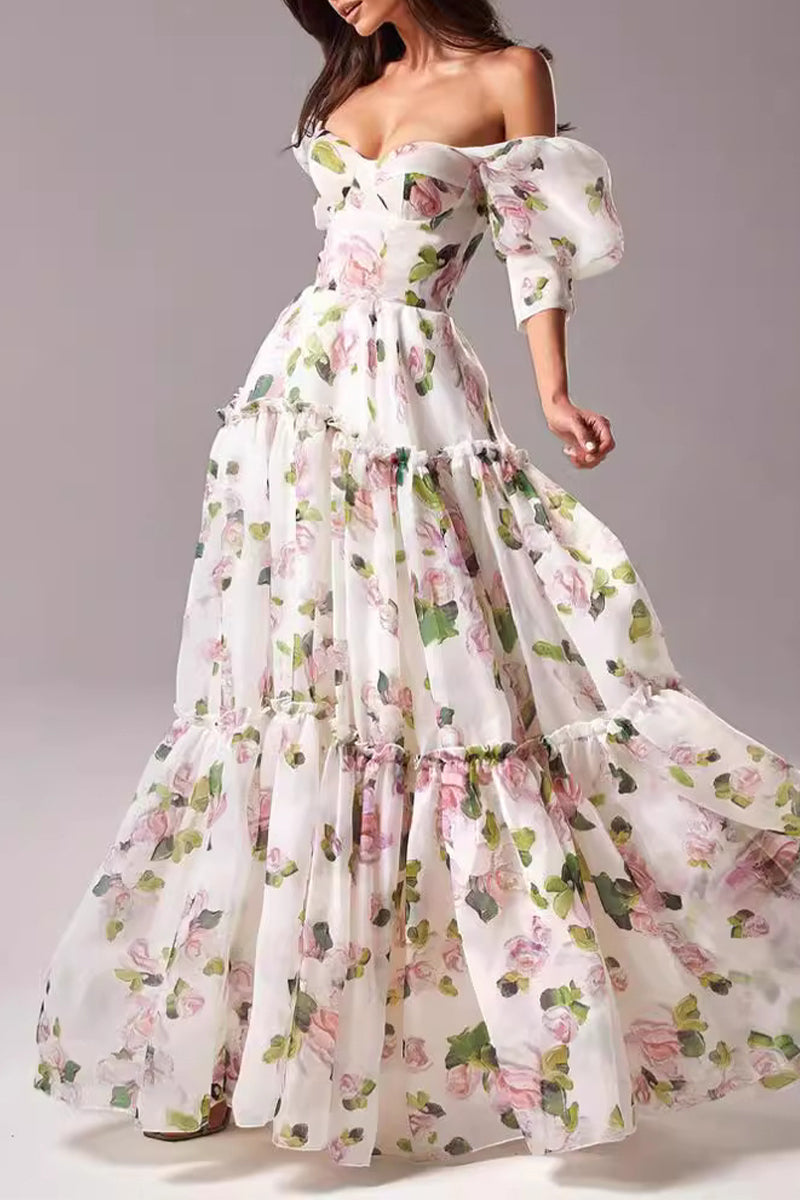 Celebrities Elegant Flowers Patchwork Off the Shoulder Evening Dresses