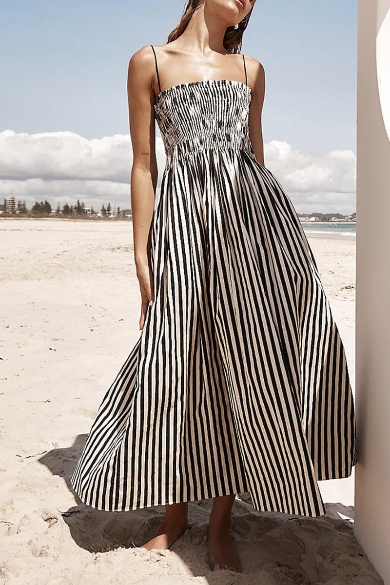 Casual Striped Pocket Fold Sling Dresses