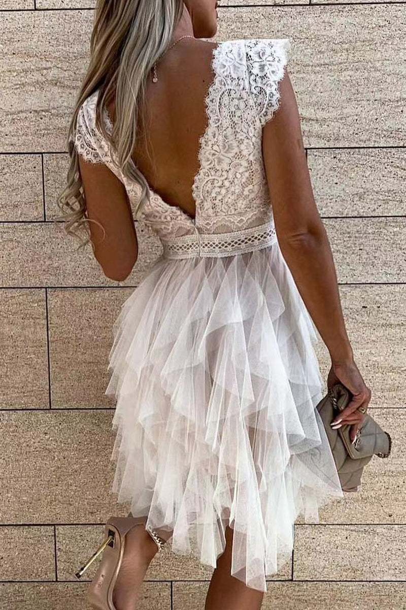 Sweet Solid Lace Ammetrical Mesh V Neck Princess Dresses