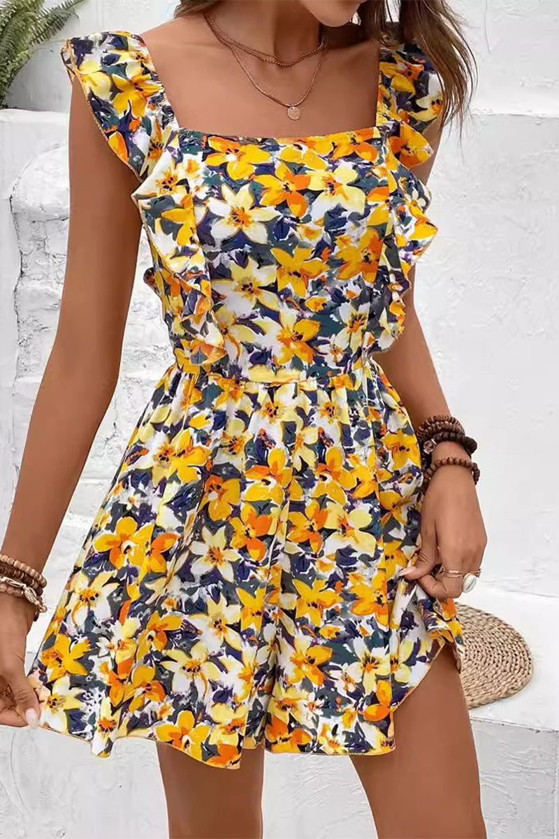 Elegant Floral Frenulum Backless Flounce Square Collar Loose Rompers