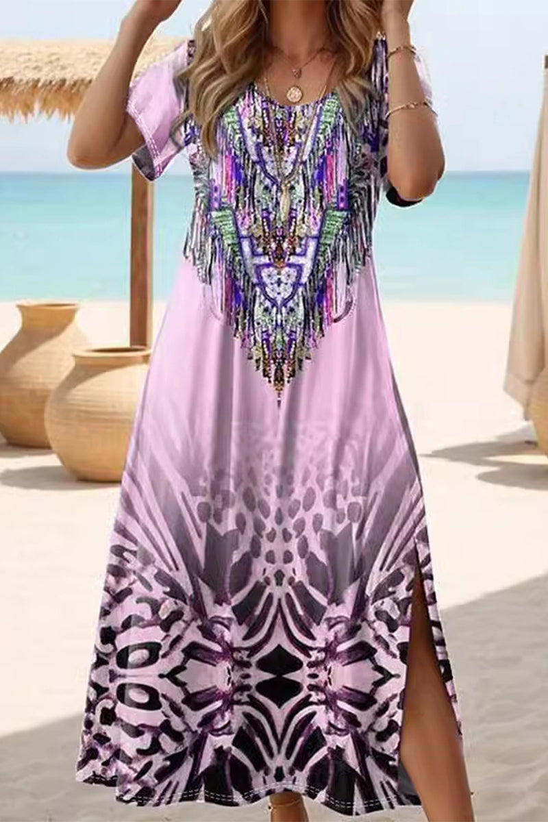 Casual Vintage National Totem Print Slit O Neck Short Sleeve Dresses