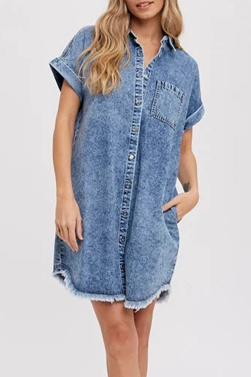 Casual Solid Pocket Turndown Collar Short Sleeve Loose Denim Dresses