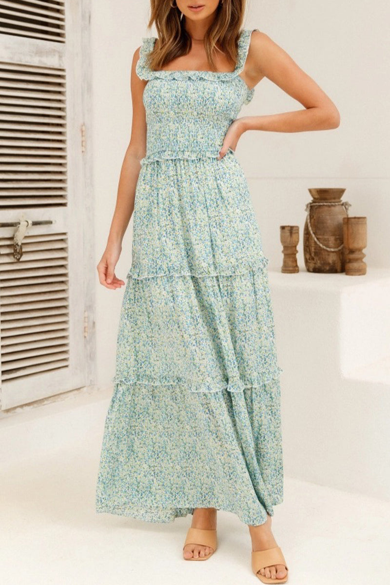 Sweet Elegant Print Flowers Fold Stringy Selvedge Off the Shoulder A Line Dresses