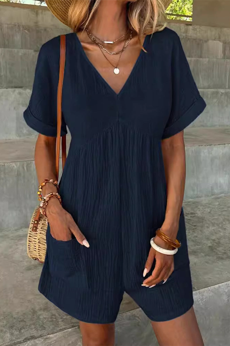 Casual Simplicity Solid Pocket V Neck Loose Rompers