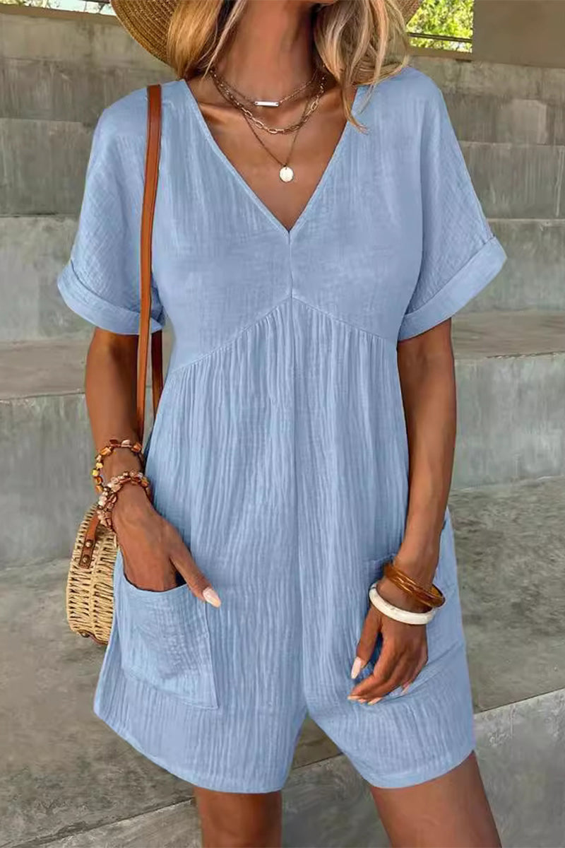 Casual Simplicity Solid Pocket V Neck Loose Rompers