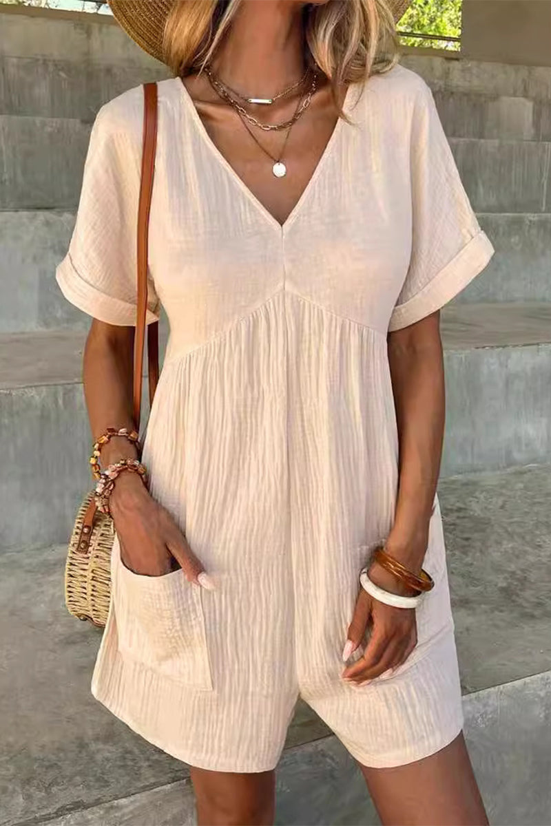 Casual Simplicity Solid Pocket V Neck Loose Rompers