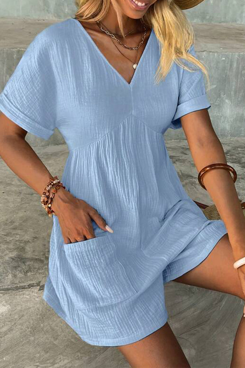 Casual Simplicity Solid Pocket V Neck Loose Rompers