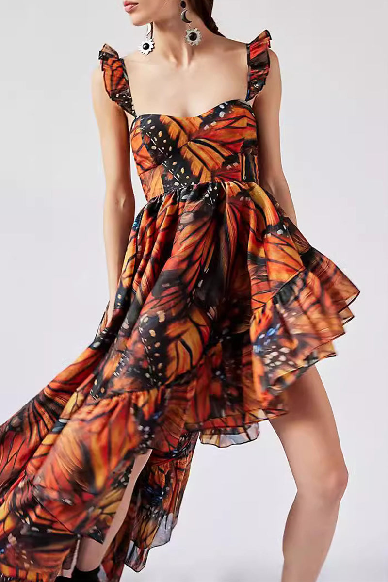 Sexy Butterfly Print Flounce Ammetrical Square Collar Irregular Dresses