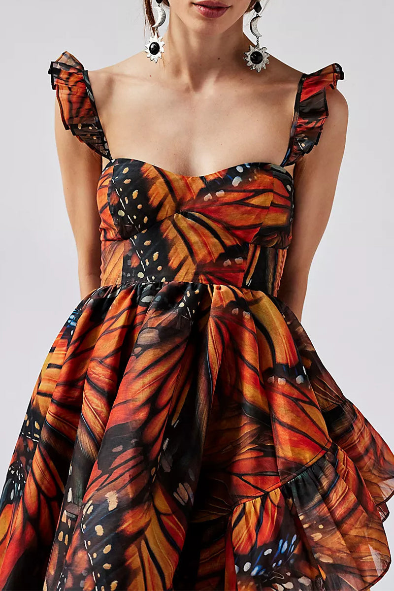 Sexy Butterfly Print Flounce Ammetrical Square Collar Irregular Dresses