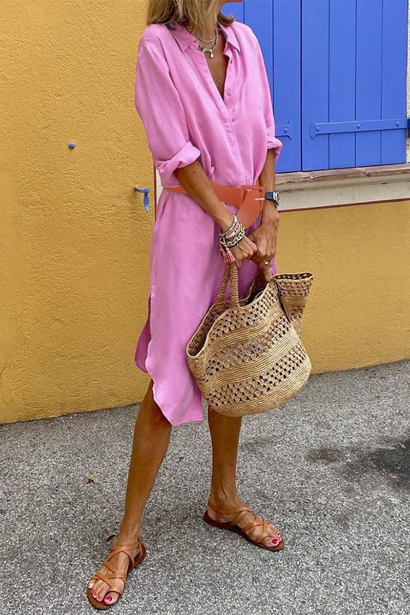 Casual Simplicity Solid Slit Turndown Collar Shirt Dresses