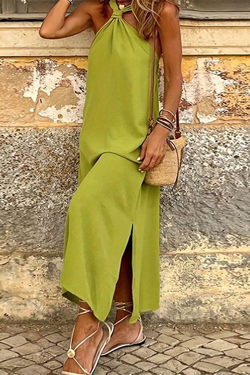 Casual Simplicity Solid Slit V Neck Sleeveless Dresses