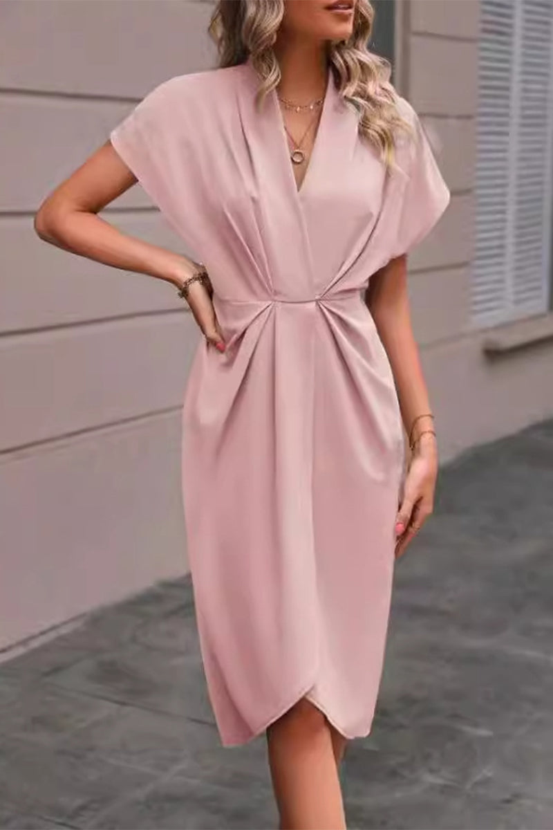 Elegant Solid Fold V Neck A Line Dresses