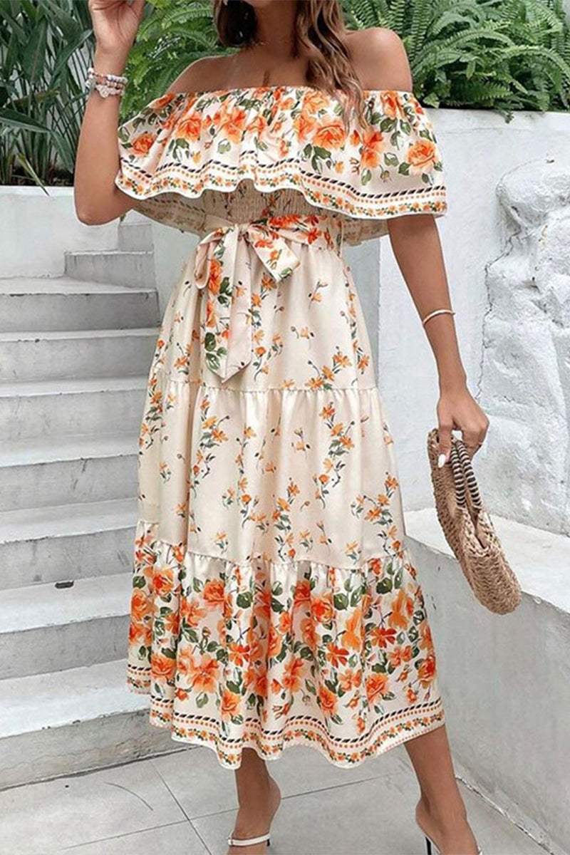 Floral Frenulum Off the Shoulder Printed Dresses