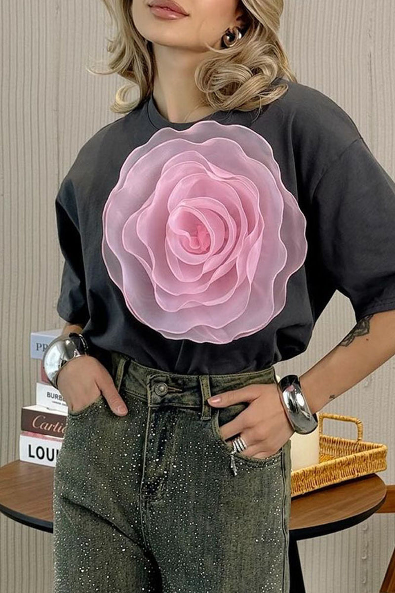 Casual Sweet Solid Flowers O Neck T-Shirts