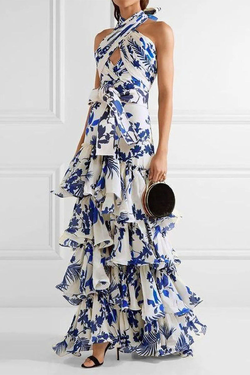 Elegant Floral Flounce ASKUmmetrical Halter Irregular Dresses