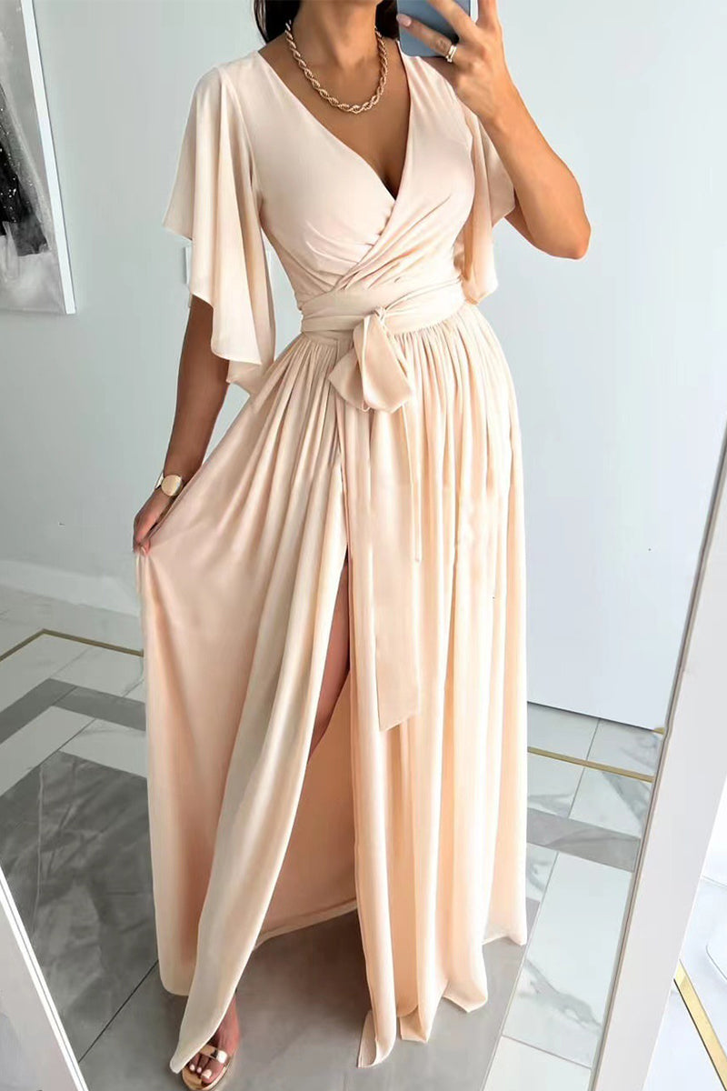 Elegant Solid Frenulum Flounce V Neck A Line Dresses