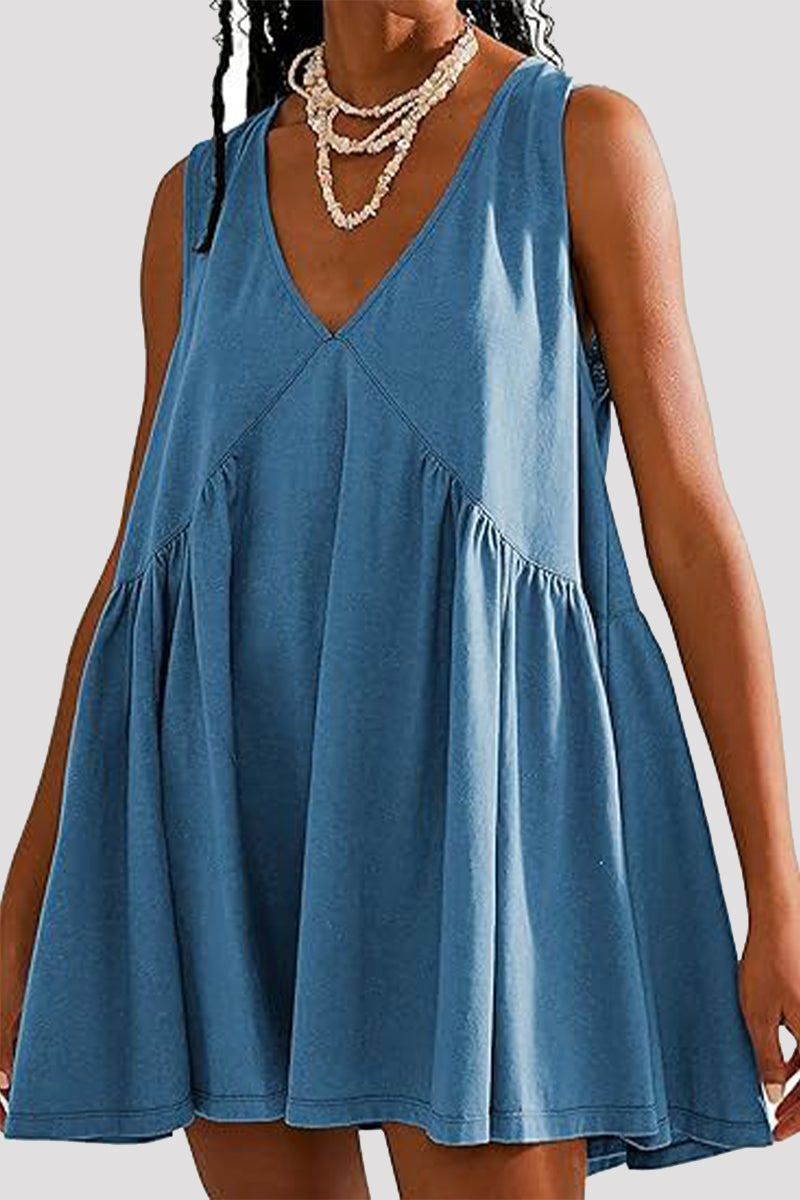 Casual Simplicity Solid Pocket V Neck Sleeveless Dresses