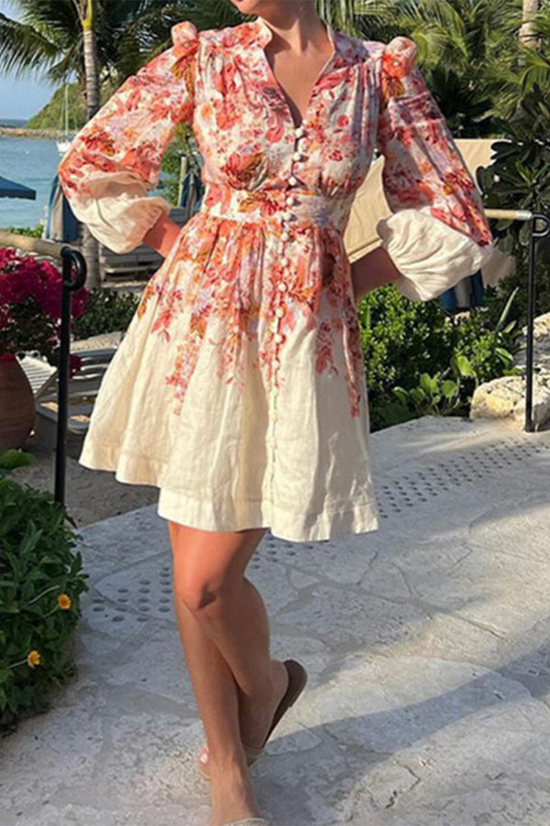 Elegant Floral Buckle V Neck A Line Dresses